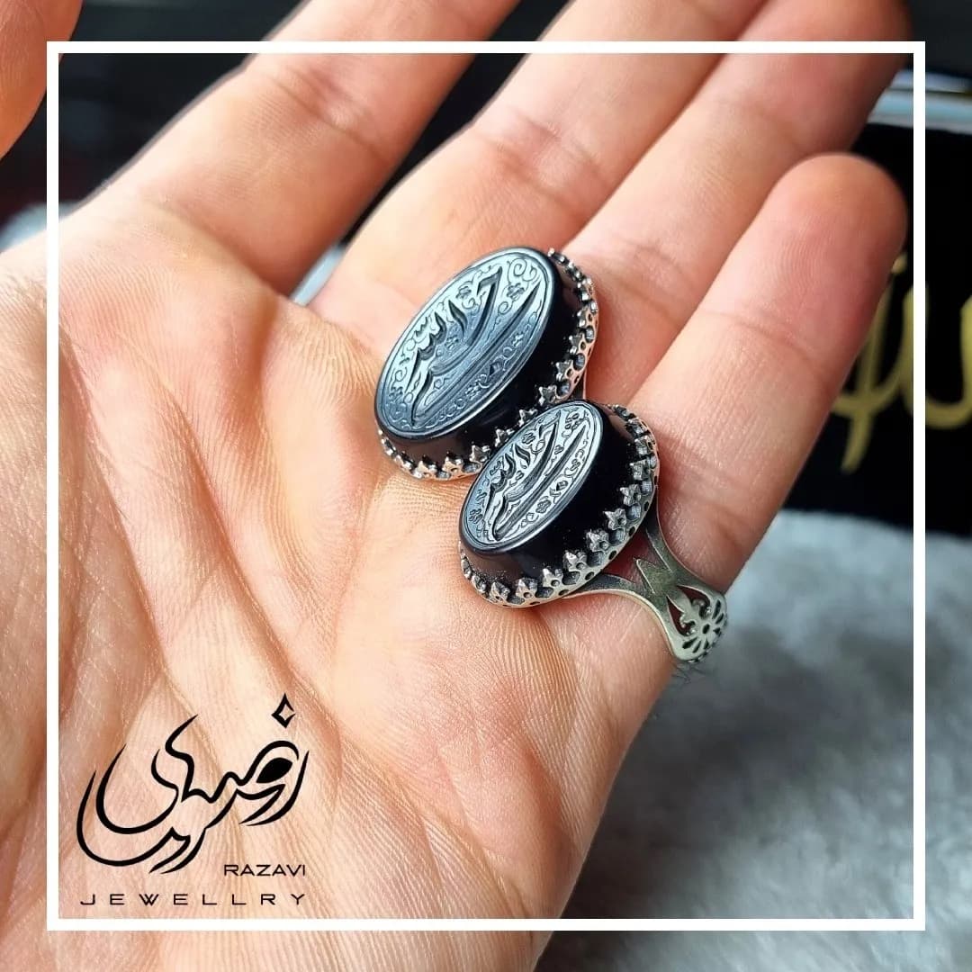 ست انگشتر عقیق مشکی حسبی الله آلیاژ نقره روس مردانه و زنانه برند نقره رضوی — تصویر ۱۲