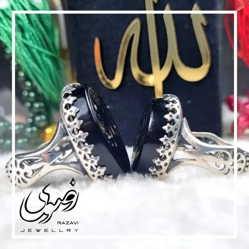 ست انگشتر مردانه آلیاژ نقره روس با سنگ عقیق مشکی خطی — تصویر ۷