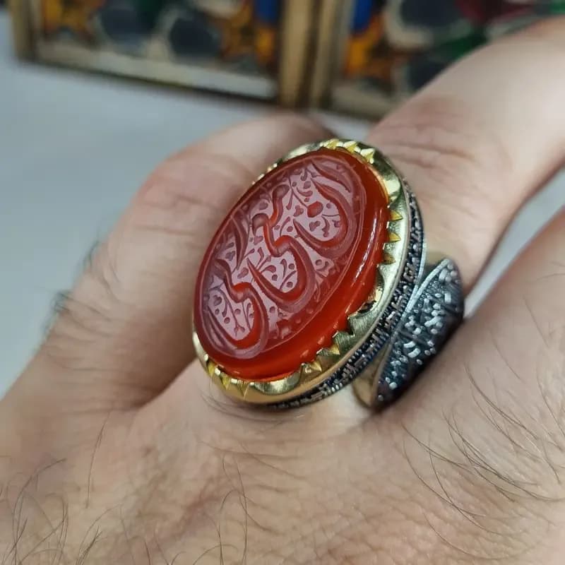 انگشتر مردانه آلیاژ نقره روس عقیق سرخ خراسانی خطی ان معی ربی — تصویر ۲
