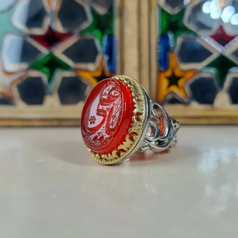ست انگشتر مردانه و زنانه آلیاژ نقره روس با عقیق سرخ خراسانی حکاکی دست — تصویر ۷