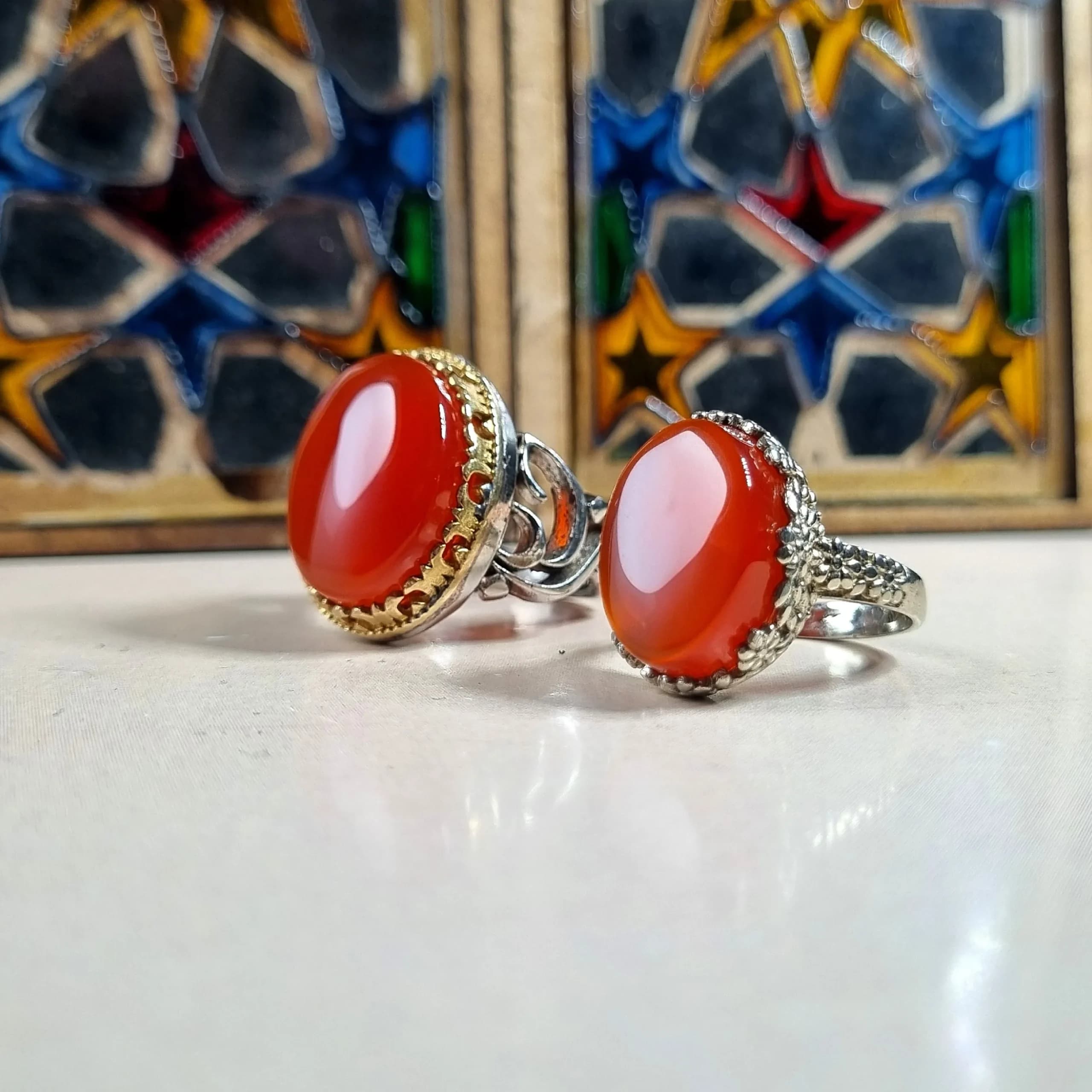 ست انگشتر مردانه و زنانه نقره روس با نگین عقیق سرخ خراسانی — تصویر ۴