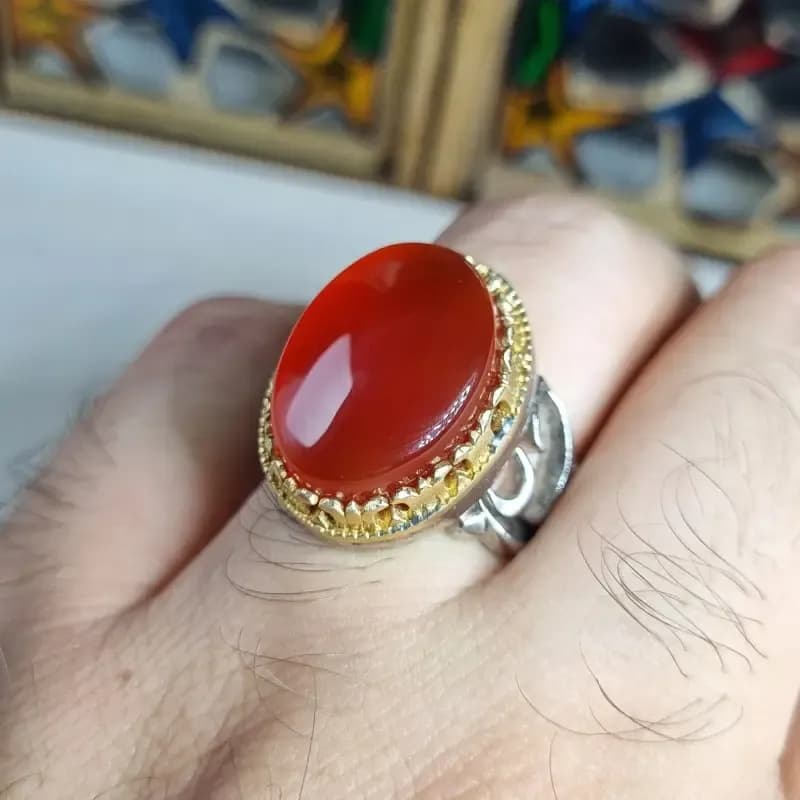 انگشتر نقره مردانه با سنگ عقیق سرخ خراسانی برند نقره رضوی — تصویر ۲