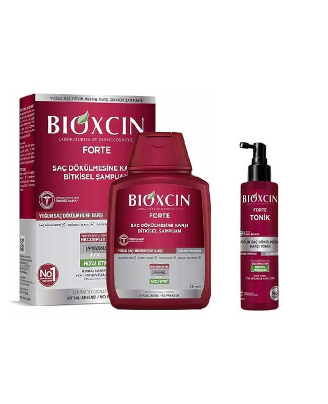پک ضد ریزش بیوکسین BIOXCIN مدل FORTE حاوی شامپو و تونیک حجم 300 + 200 میل — تصویر ۳