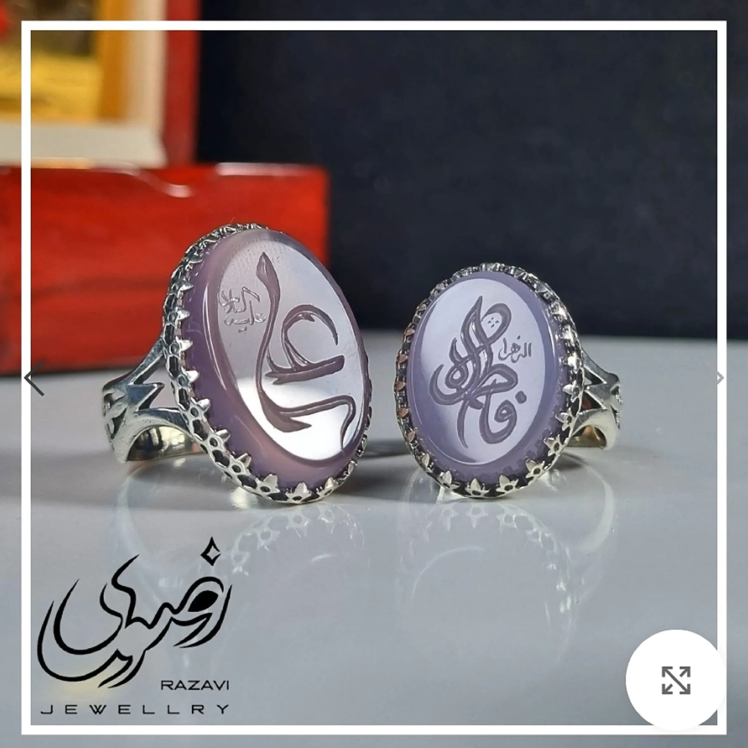 ست انگشتر نقره روس مردانه و زنانه با سنگ عقیق سوسنی و حکاکی دست استاد — تصویر ۹