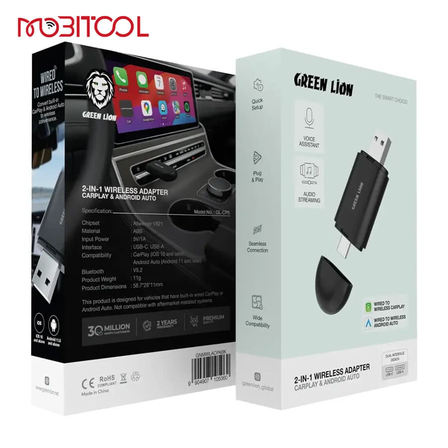دانگل وایرلس کارپلی و اندروید اتو خودرو گرین‌ لاین Green Lion 2 In 1 Wireless Adapter CarPlay & Android Auto — تصویر ۳