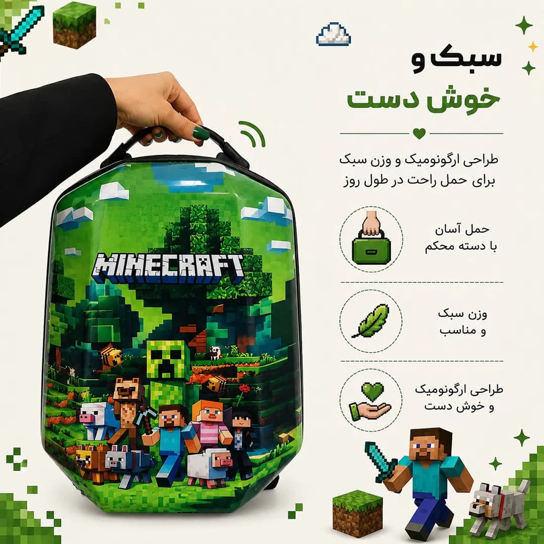 کوله پشتی مدرسه مدل MS1050 طرح MINECRAFT GREEN — تصویر ۵