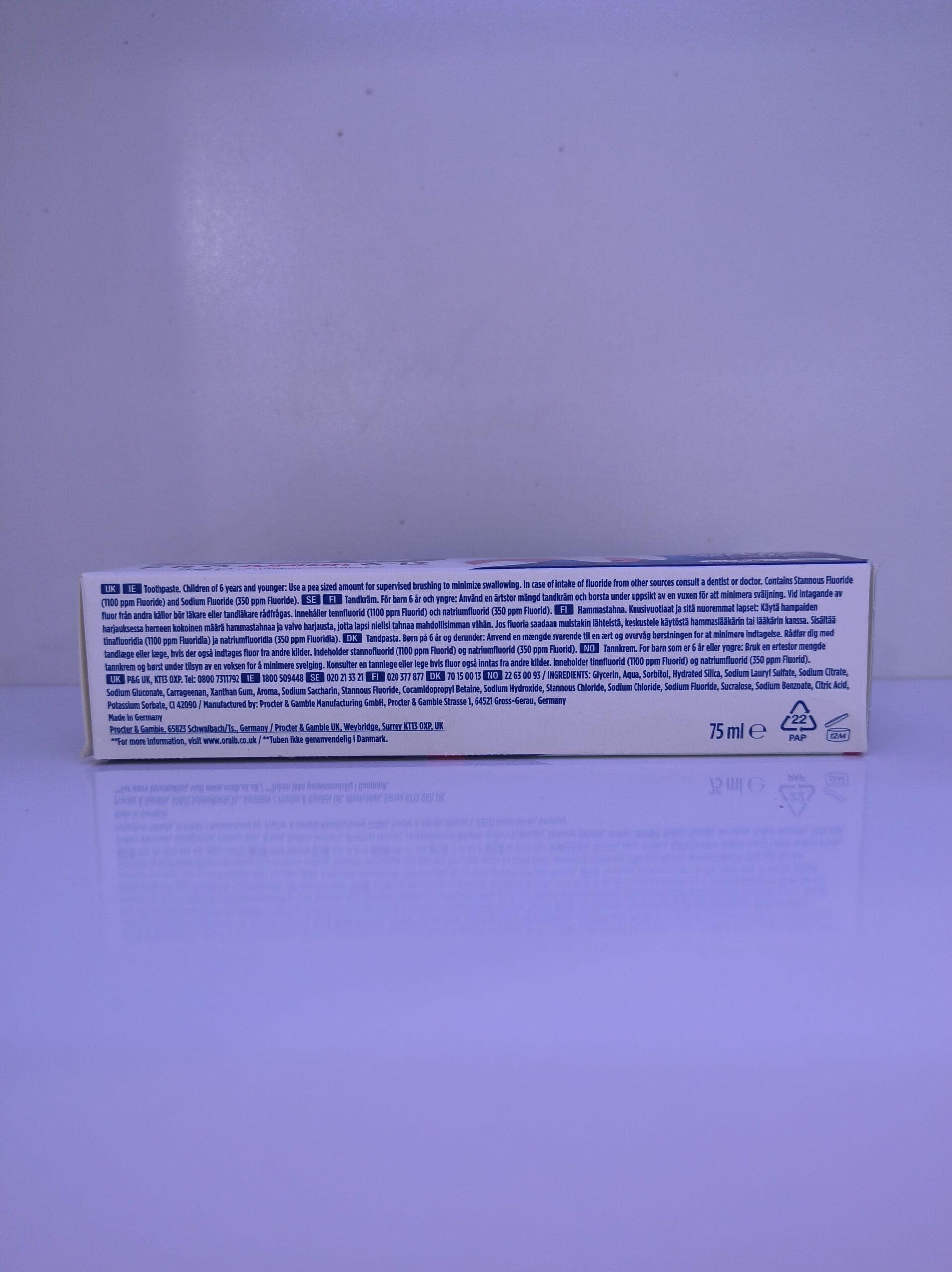 خمیر دندان کودک پرو جونیور Oral-B بالای ۶ سال بدون قند و استحکام بخش دندان حجم ۷۵ میلی — تصویر ۹