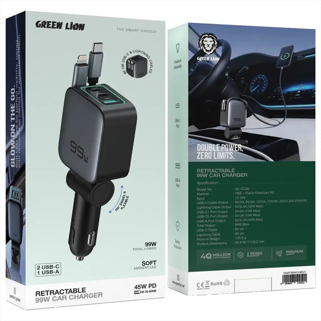 شارژر فندکی 99 وات گرین لاین مدل Retractable Car Charger — تصویر ۲