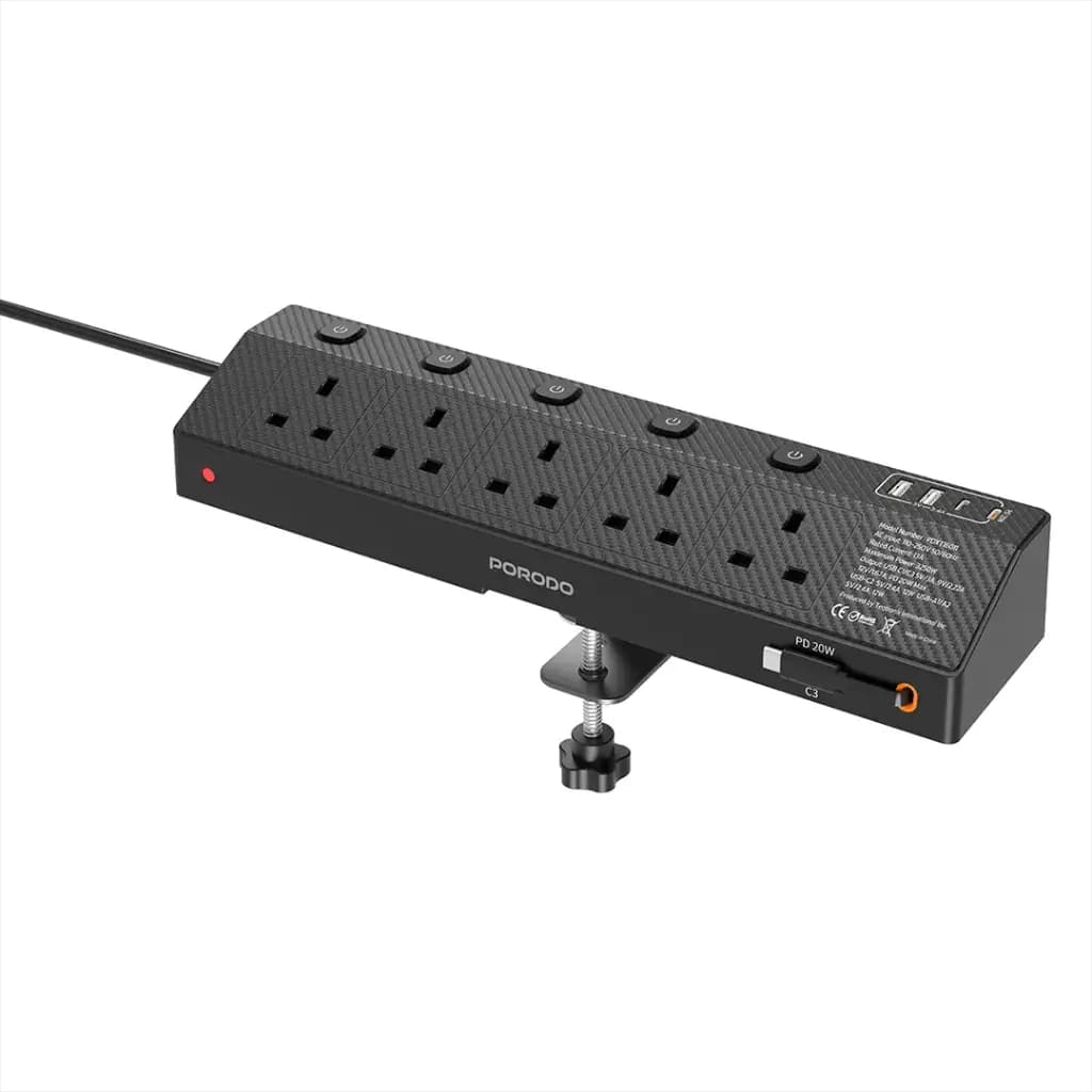 چندراهی برق پرودو با گیره میز PD20W پریز AC + USB هوشمند مدل PDXT16011BK — تصویر ۵