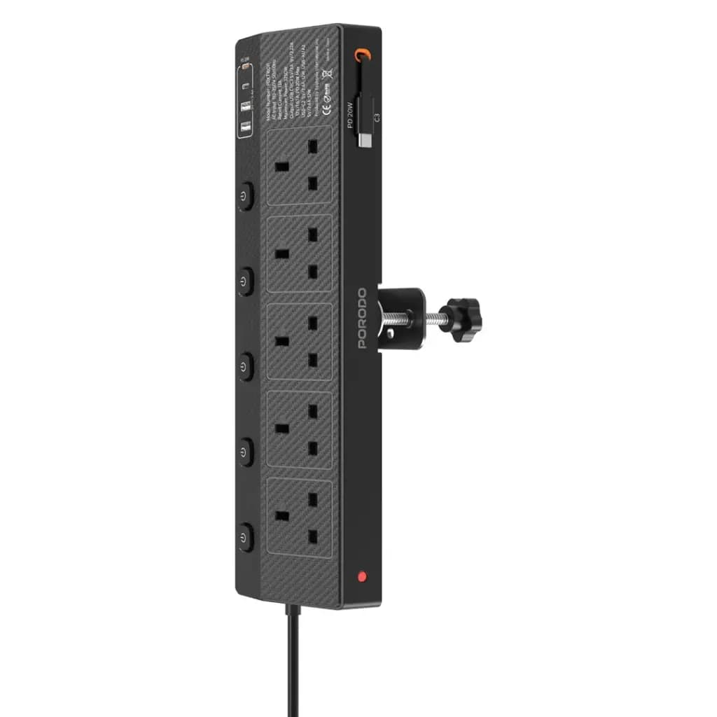 چندراهی برق پرودو با گیره میز PD20W پریز AC + USB هوشمند مدل PDXT16011BK