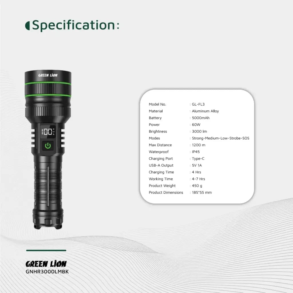 چراغ قوه گرین لاین مدل GNHR3000LMBK ظرفیت ۳۰۰۰ لومن — تصویر ۸