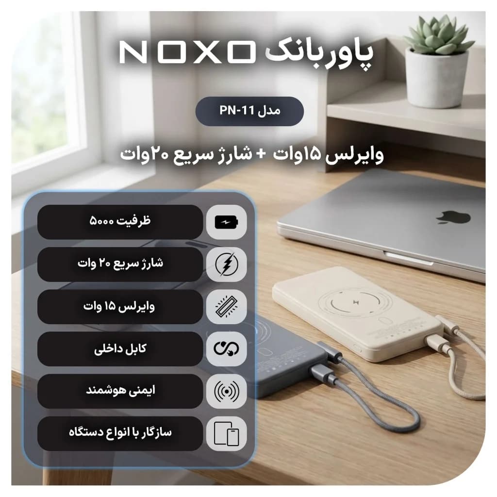 پاوربانک مگنتی وایرلس 20 وات نوکسو مدل PN-11 ظرفیت 5000 میلی‌آمپرساعت — تصویر ۳
