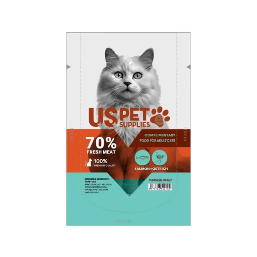 پوچ گربه بالغ یو اس پت طعم ماهی سالمون و شترمرغ US PET Fresh Meat وزن 100 گرم