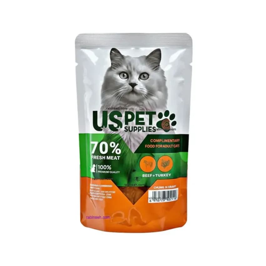 پوچ گربه بالغ یو اس پت طعم گوساله و بوقلمون US PET Fresh Meat وزن 100 گرم