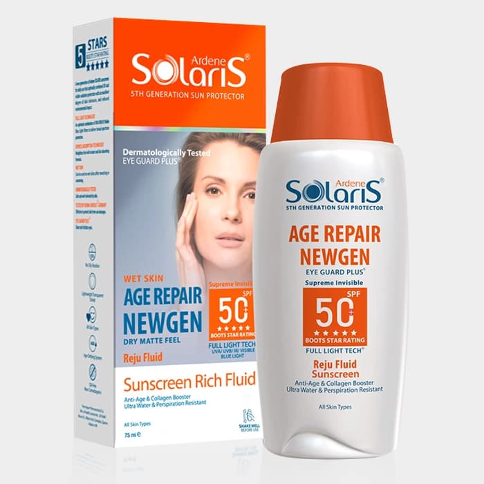فلوئید ضد آفتاب ضد چروک ایج ریپیر نیوژن سولاریس Solaris Wet Skin Age Repair Newgen SPF50 Sunscreen Rich Fluid 100ml — تصویر ۲