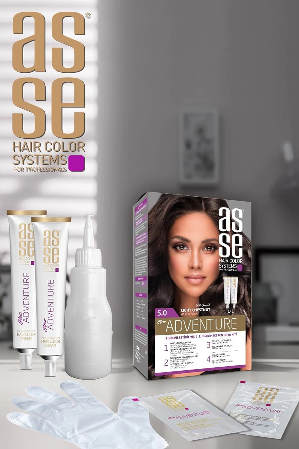 کیت رنگ موی بدون آمونیاک آسه ASSE شاه بلوطی روشن شماره 5.0 حجم 50+50 میل — تصویر ۸