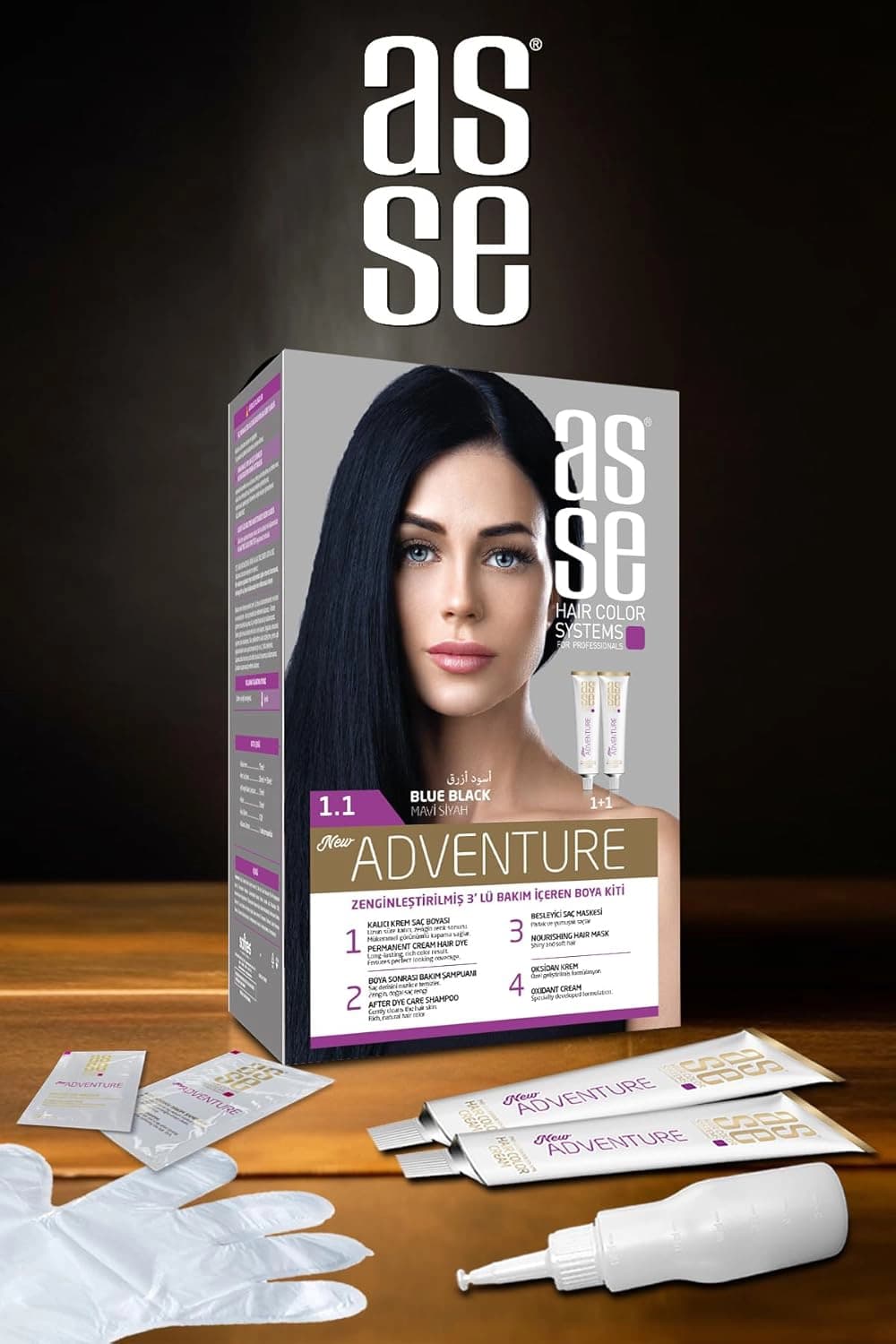 کیت رنگ موی بدون آمونیاک آسه ASSE آبی مشکی شماره 1.1 حجم 50+50 میل — تصویر ۸