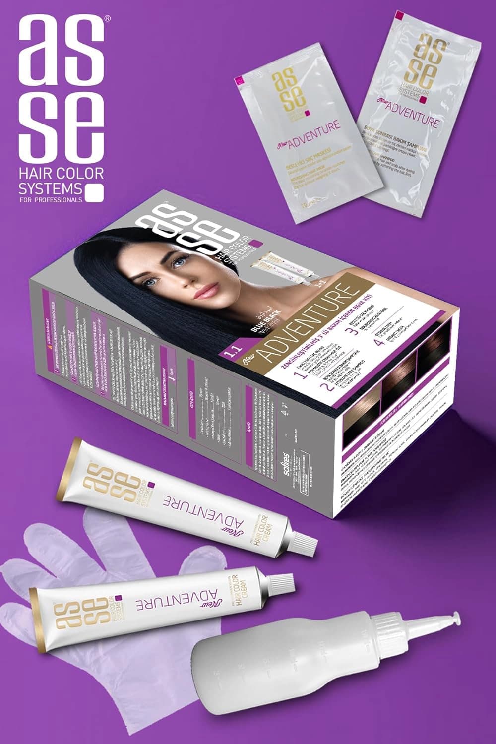 کیت رنگ موی بدون آمونیاک آسه ASSE آبی مشکی شماره 1.1 حجم 50+50 میل — تصویر ۷