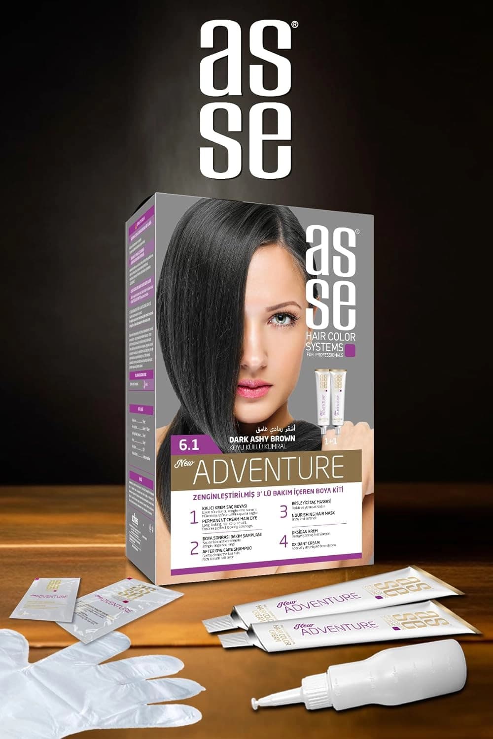 کیت رنگ موی بدون آمونیاک آسه ASSE قهوه ای خاکستری تیره شماره 6.1 حجم 50+50 میل — تصویر ۶