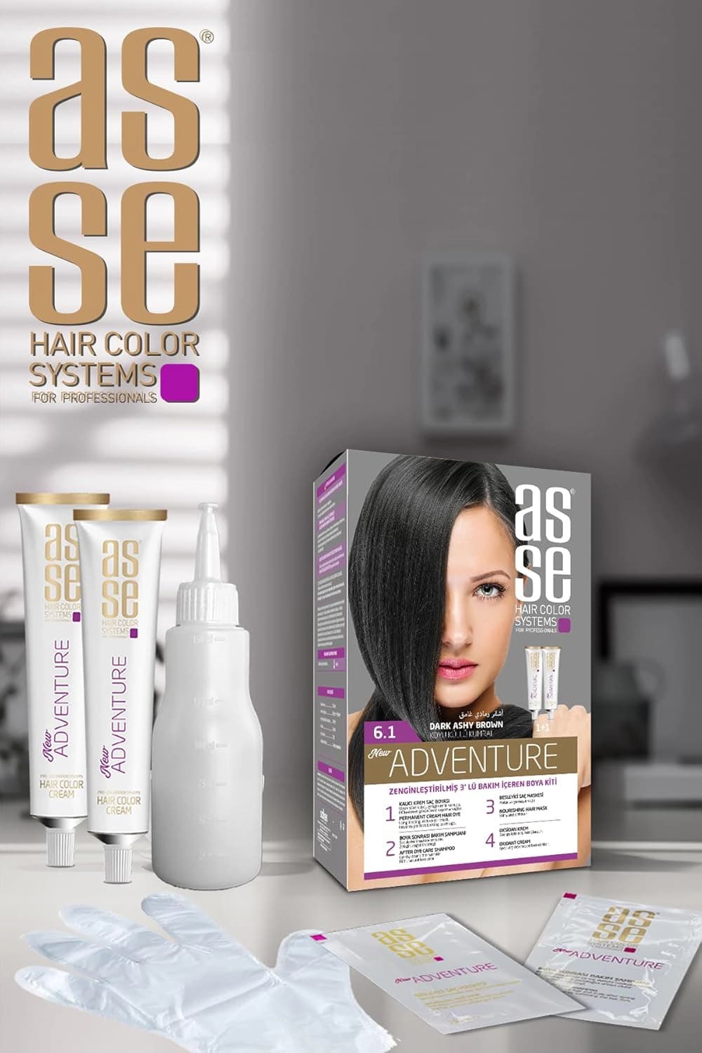کیت رنگ موی بدون آمونیاک آسه ASSE قهوه ای خاکستری تیره شماره 6.1 حجم 50+50 میل — تصویر ۷
