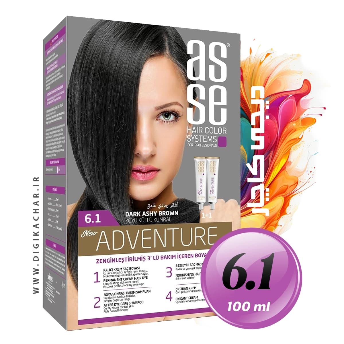 کیت رنگ موی بدون آمونیاک آسه ASSE قهوه ای خاکستری تیره شماره 6.1 حجم 50+50 میل