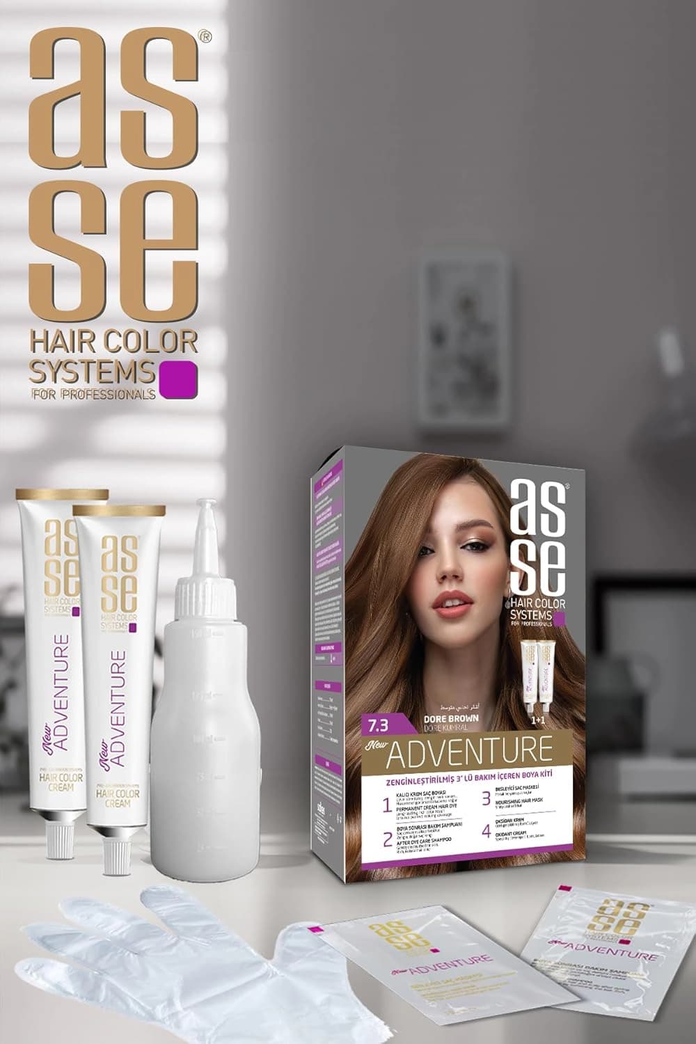 کیت رنگ موی بدون آمونیاک آسه ASSE قهوه ای طلایی شماره 7.3 حجم 50+50 میل — تصویر ۳