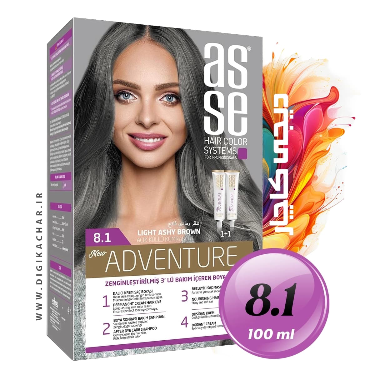 کیت رنگ موی بدون آمونیاک آسه ASSE قهوه ای خاکستری روشن شماره 8.1 حجم 50+50 میل
