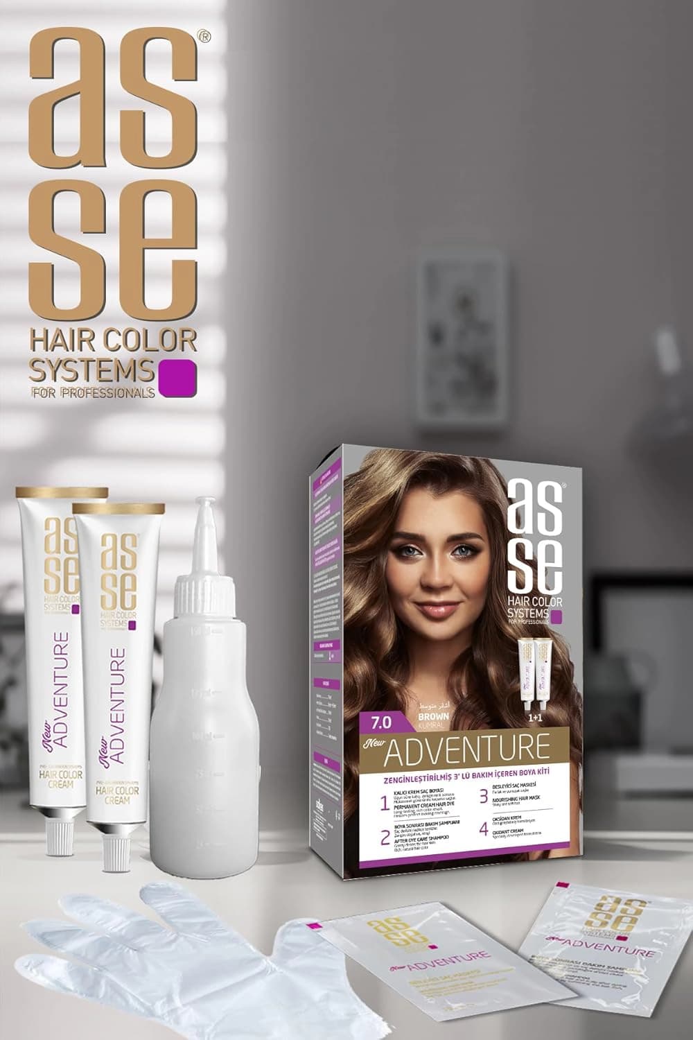 کیت رنگ موی بدون آمونیاک آسه ASSE قهوه ای شماره 7.0 حجم 50+50 میل — تصویر ۱۲