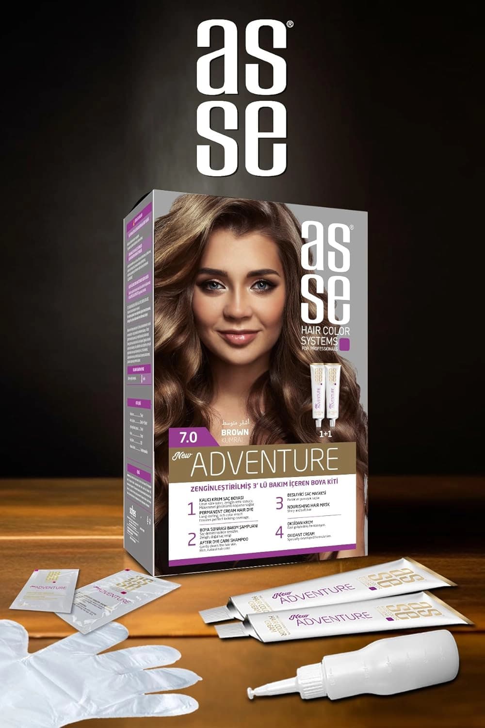 کیت رنگ موی بدون آمونیاک آسه ASSE قهوه ای شماره 7.0 حجم 50+50 میل — تصویر ۱۱