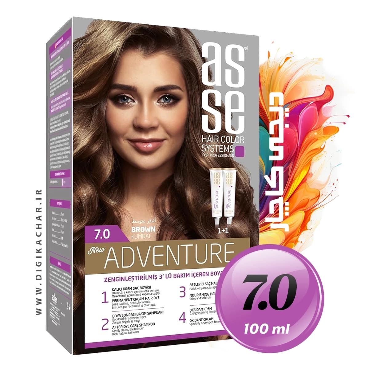کیت رنگ موی بدون آمونیاک آسه ASSE قهوه ای شماره 7.0 حجم 50+50 میل — تصویر ۵