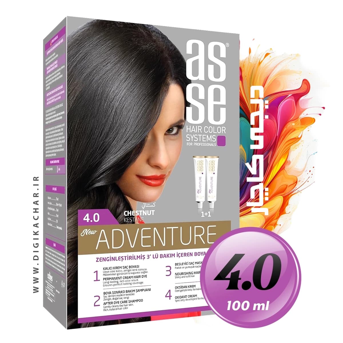 کیت رنگ موی بدون آمونیاک آسه ASSE شاه بلوط شماره 4.0 حجم 50+50 میل — تصویر ۹