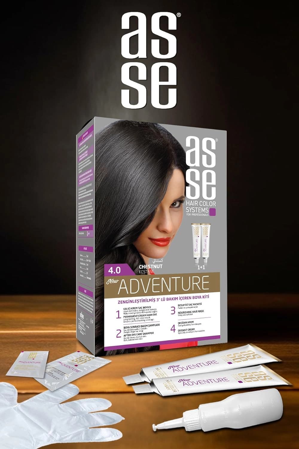کیت رنگ موی بدون آمونیاک آسه ASSE شاه بلوط شماره 4.0 حجم 50+50 میل — تصویر ۸