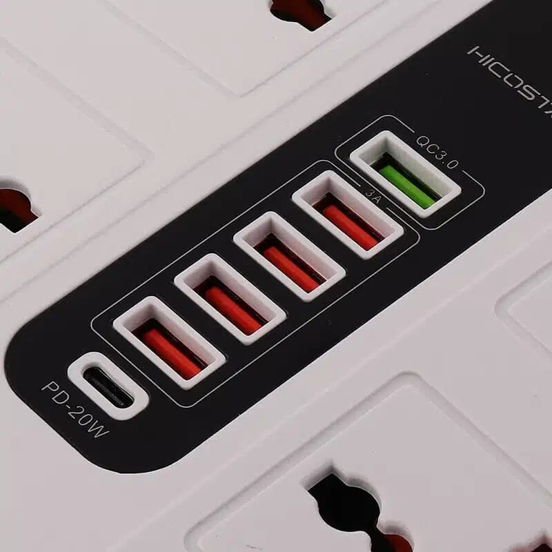 چند راهی برق 6 خانه و هاب شارژر 3000 وات با کابل 2 متری برند HICOSTAR مدل HS-PS320 — تصویر ۱۲