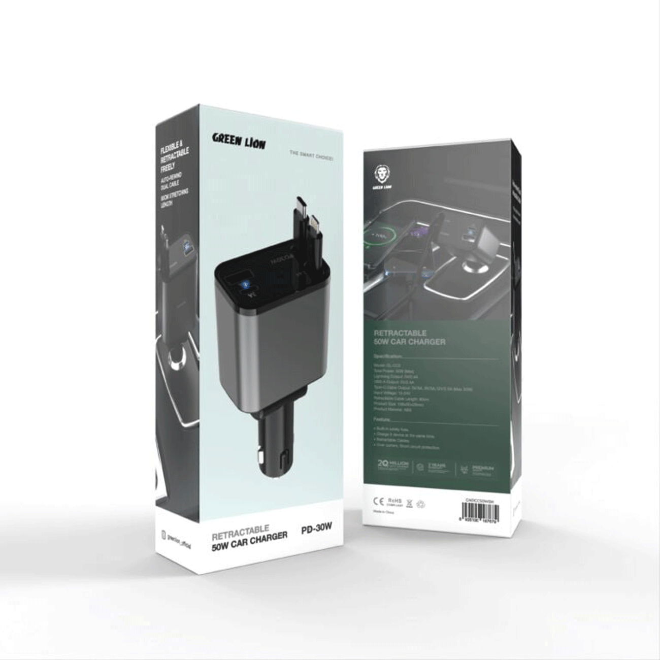 شارژر فندکی لایتنینگ، یو اس بی و تایپ سی 30 وات با کابل 80 سانتی متری گرین GNRCC50WBK — تصویر ۴
