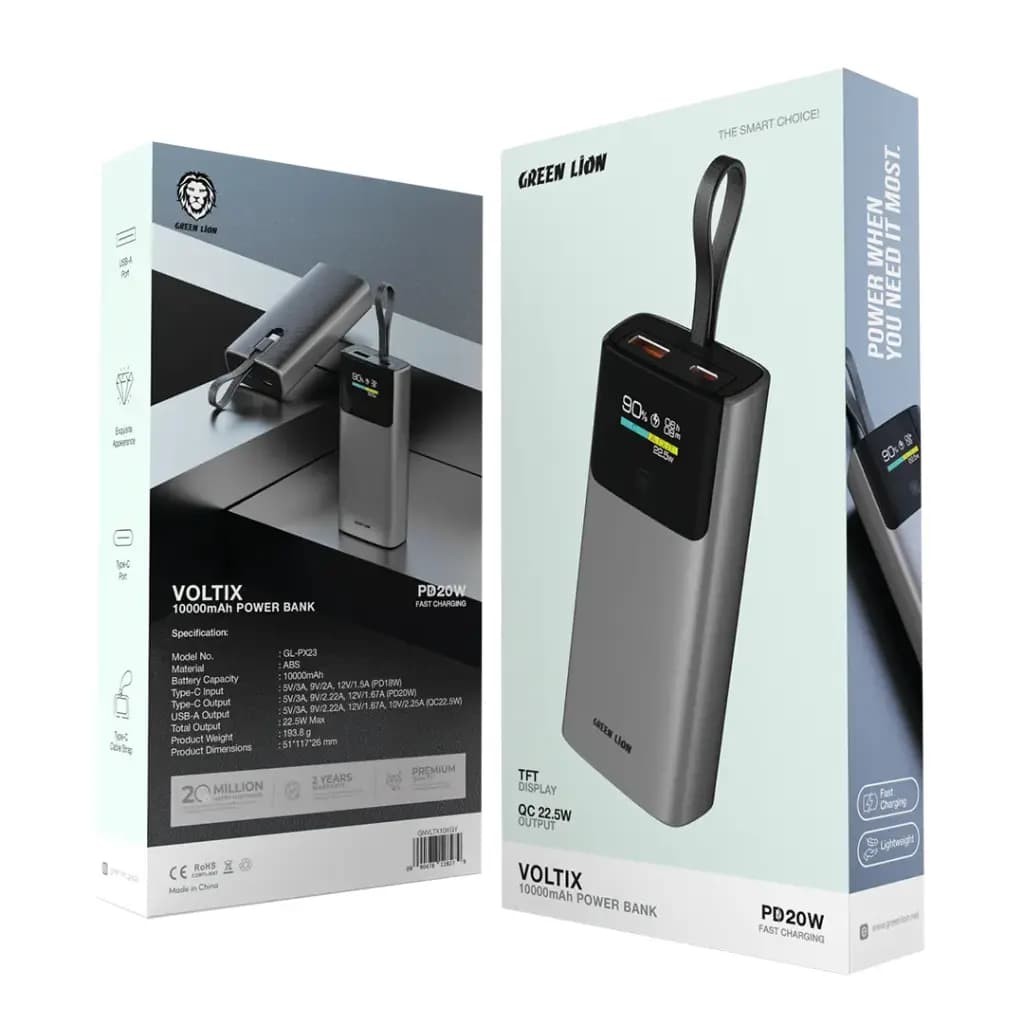 پاوربانک گرین لاین مدل Green Lion Voltix 10000mAh Power Bank PD20W – Grey — تصویر ۵