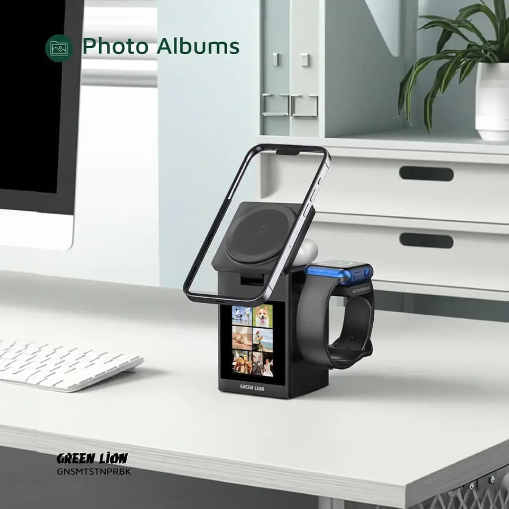 شارژر بی‌سیم و اسپیکر گرین لاین مدل Green Lion Smart Station Pro LCD Display Wireless Charger with Speaker – Black — تصویر ۲