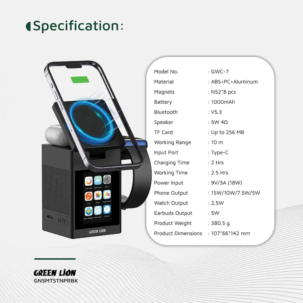 شارژر بی‌سیم و اسپیکر گرین لاین مدل Green Lion Smart Station Pro LCD Display Wireless Charger with Speaker – Black — تصویر ۶