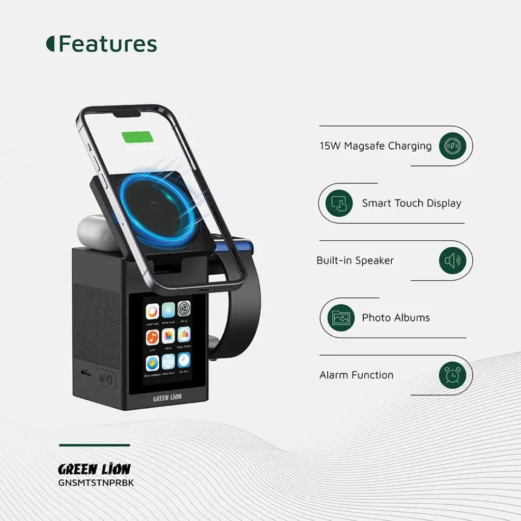 شارژر بی‌سیم و اسپیکر گرین لاین مدل Green Lion Smart Station Pro LCD Display Wireless Charger with Speaker – Black — تصویر ۵