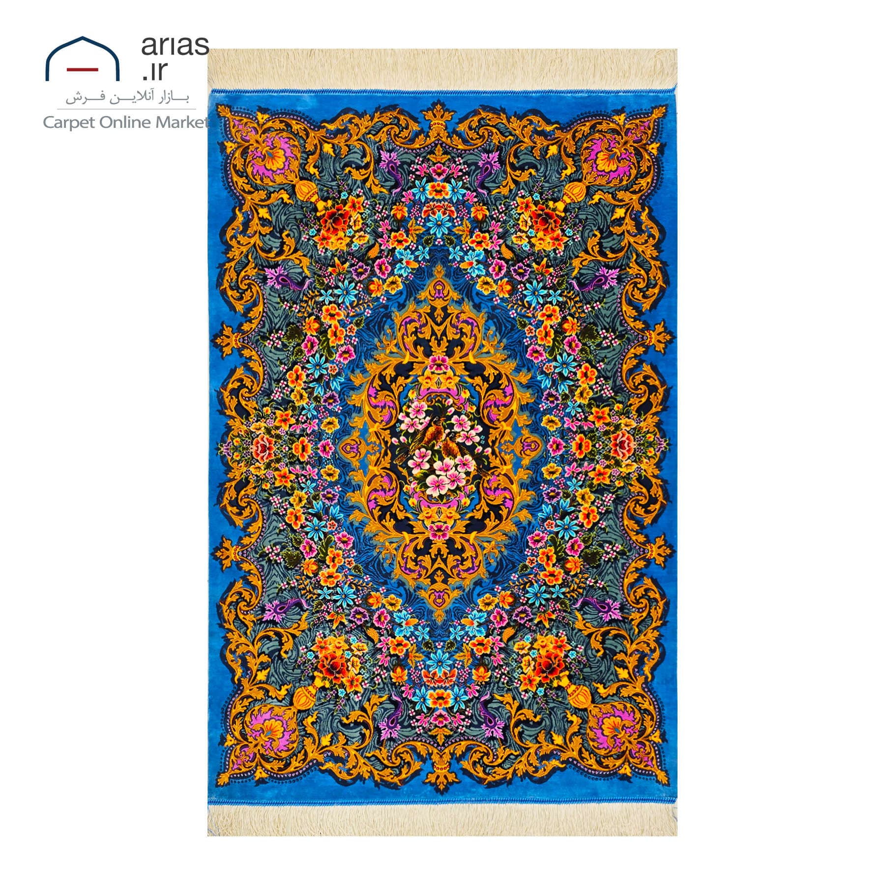 فرش دستباف ذرع چارک تمام ابریشم نقشه ترنجی زمینه آبی مارک تاری بافت قم کد D03347G