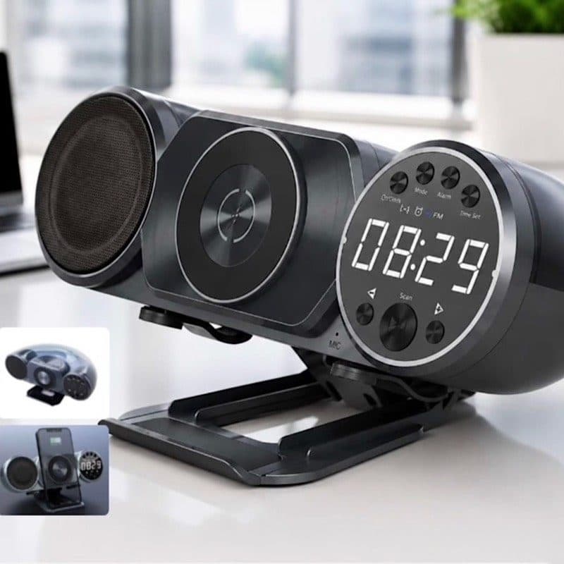 اسپیکر شارژر بی‌سیم و سیمی WD-100 | ساعت رومیزی و هولدر موبایل — تصویر ۲