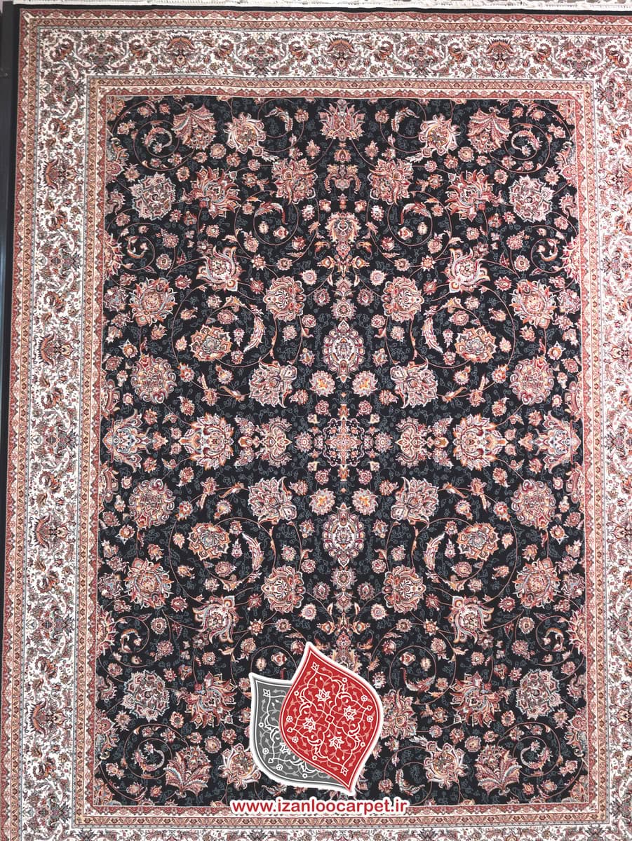 فرش زمرد مشهد طرح 25010 سرمه ای کرم 700 شانه تراکم 2550 + ارسال رایگان