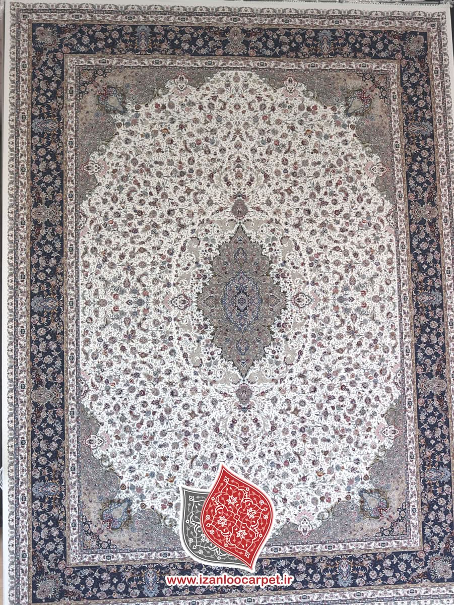 فرش زمرد مشهد طرح 57001 کرم سرمه ای 1500 شانه تراکم 4500 + ارسال رایگان — تصویر ۷