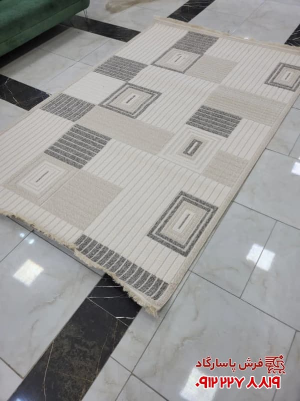فرش فانتزی کرم طوسی بافت لوپ — تصویر ۳