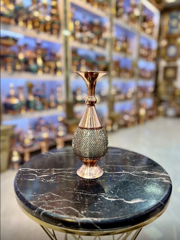 گلدان صراحی 25cm مس و خاتم سیم برنجی — تصویر ۲