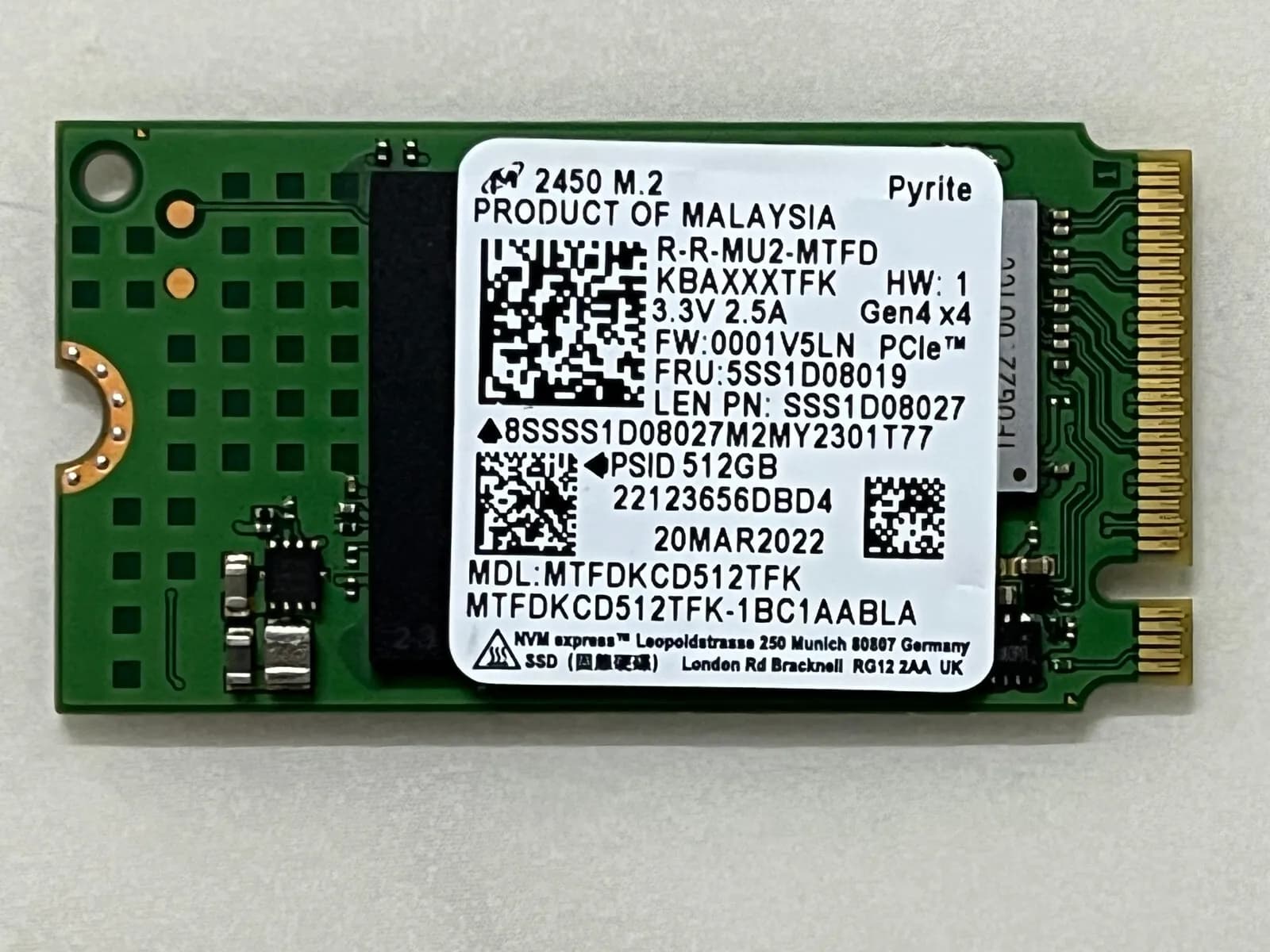 اس اس دی اینترنال Micron 2450 256GB SSD M.2 NVMe Pyrite 2242 PCIe Gen 4*4 ظرفیت 256 گیگابایت پایه کوتاه
