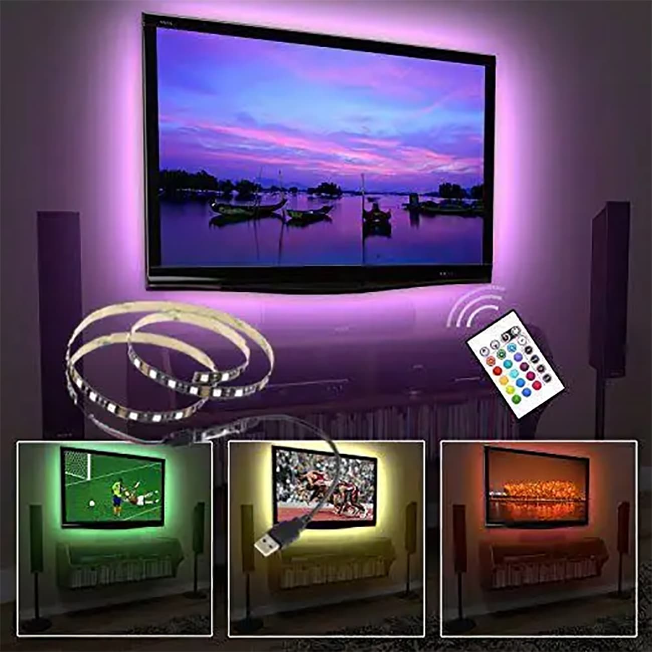 ریسه ال ای دی پشت تلویزیون RGB طول 5 متر با ریموت کنترل و USB — تصویر ۸
