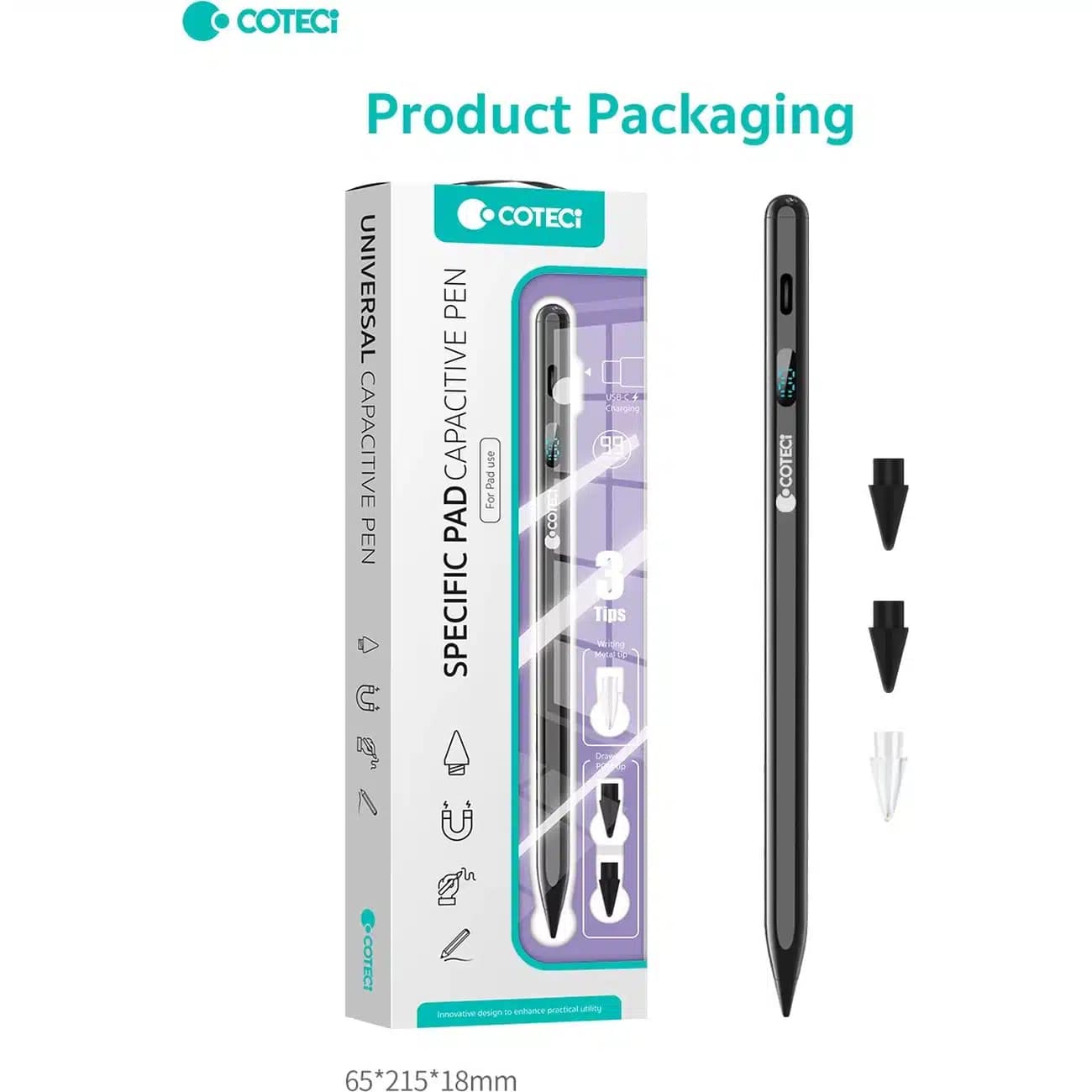 قلم لمسی آیپد کوتسی Coteci مدل iP-018 شارژی 3 عدد نوک یدکی — تصویر ۳