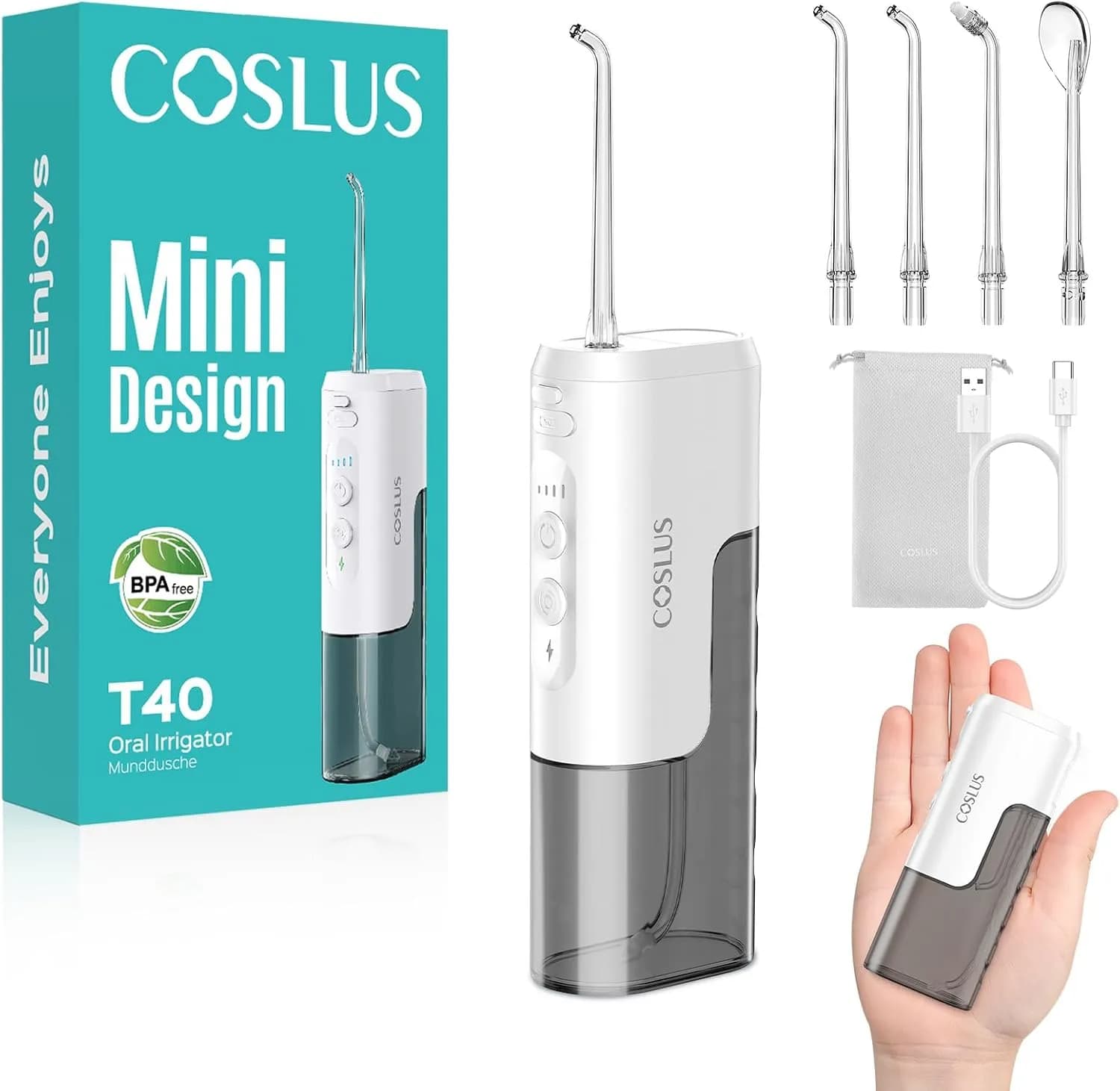 واترجت مسافرتی شارژی مینی با 4 حالت شستوشو و مخزن آب جداشونده برند COSLUS مدل T40 — تصویر ۲