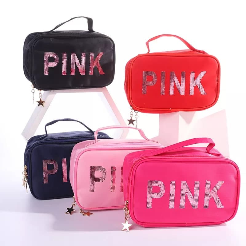 کیف آرایشی و بهداشتی طرح پینک پولک دوزی اصل وارداتی PINK — تصویر ۵