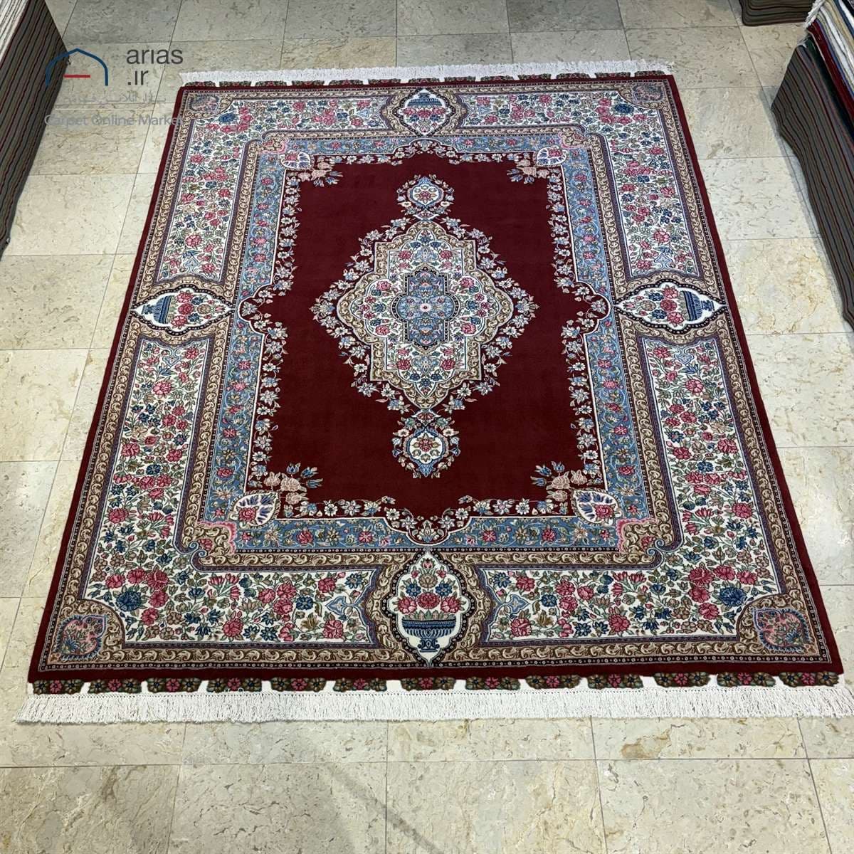 فرش دستباف نه متری کف ساده زمینه لاکی بافت کرمان کد D09157 — تصویر ۸